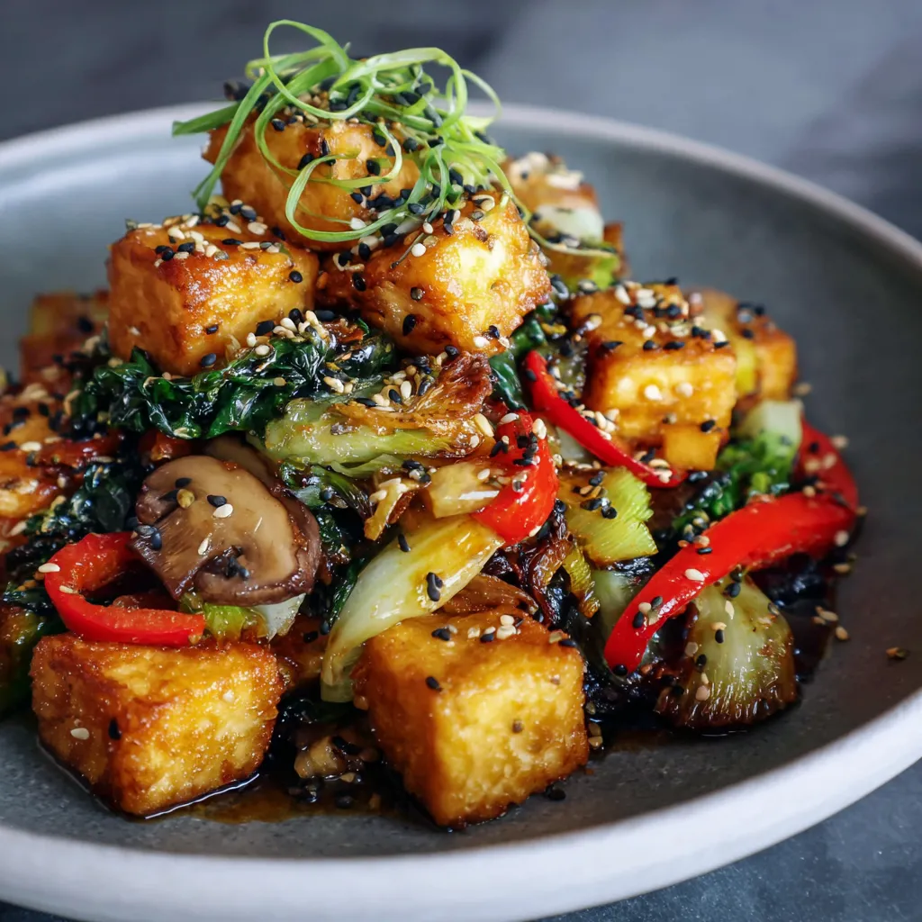 Crispy golden tofu cubes with stir-fried vegetables