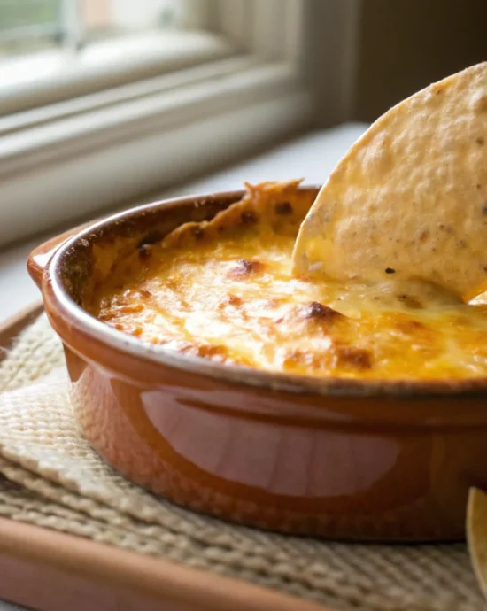 A creamy and spicy Buffalo Chicken Dip Recipe served warm with celery sticks and tortilla chips.
