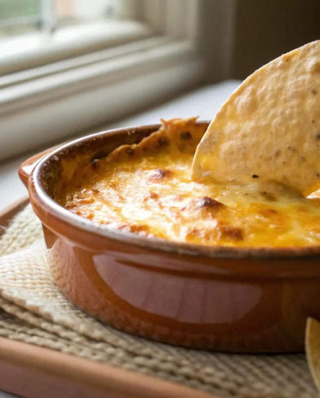 A creamy and spicy Buffalo Chicken Dip Recipe served warm with celery sticks and tortilla chips.