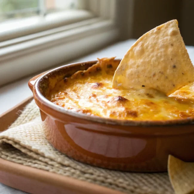 A creamy and spicy Buffalo Chicken Dip Recipe served warm with celery sticks and tortilla chips.