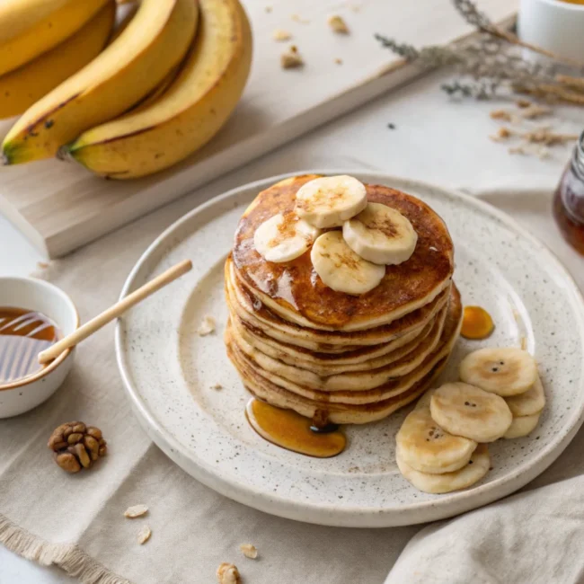 A stack of golden banana pancakes drizzled with maple syrup, showcasing the perfect banana pancake recipe.