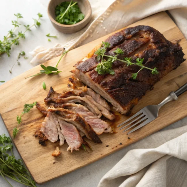 A succulent, slow-cooked bbq pork shoulder rests on a wooden cutting board, ready to be pulled apart into tender shreds.