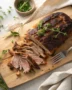 A succulent, slow-cooked bbq pork shoulder rests on a wooden cutting board, ready to be pulled apart into tender shreds.