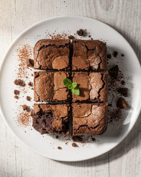An overhead view of the ultimate fudgy brownie recipe, showing a rich, dark slab with a crackly top on a rustic wooden board.