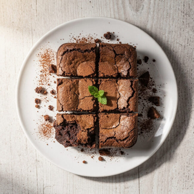 An overhead view of the ultimate fudgy brownie recipe, showing a rich, dark slab with a crackly top on a rustic wooden board.