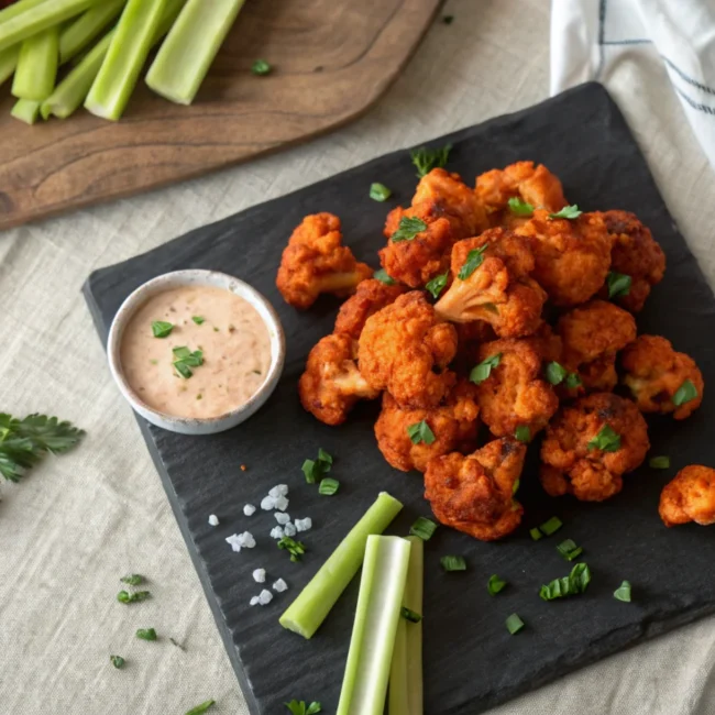 A close-up shot of golden-brown buffalo cauliflower florets glistening with spicy sauce, served on a rustic wooden board.