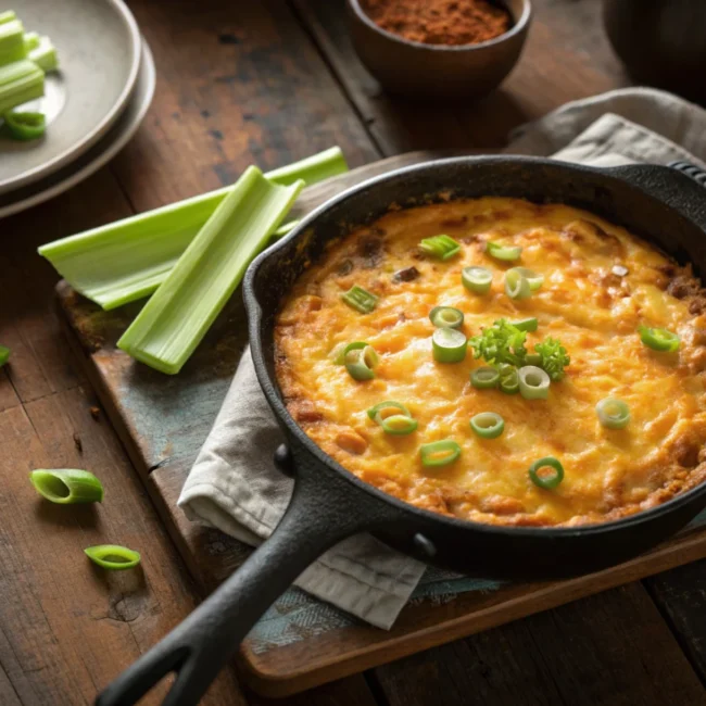 A creamy, orange buffalo dip baked until bubbly in a rustic ceramic dish, ready for dipping.