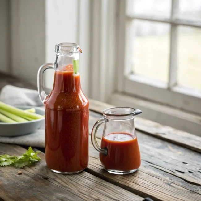 A glossy, orange-red homemade buffalo sauce being drizzled from a spoon over crispy chicken wings.