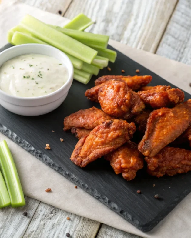 A close-up shot of crispy golden buffalo wings and dip arranged on a rustic wooden platter.