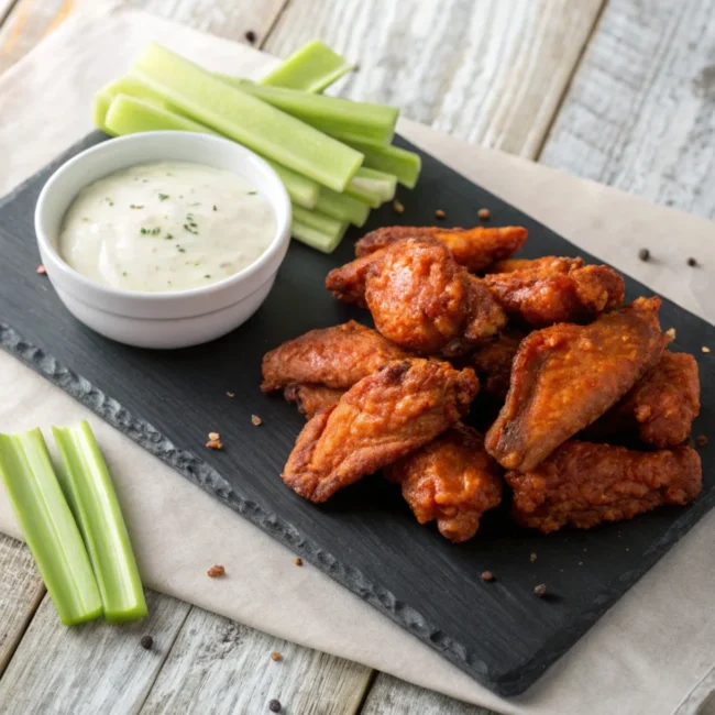 A close-up shot of crispy golden buffalo wings and dip arranged on a rustic wooden platter.