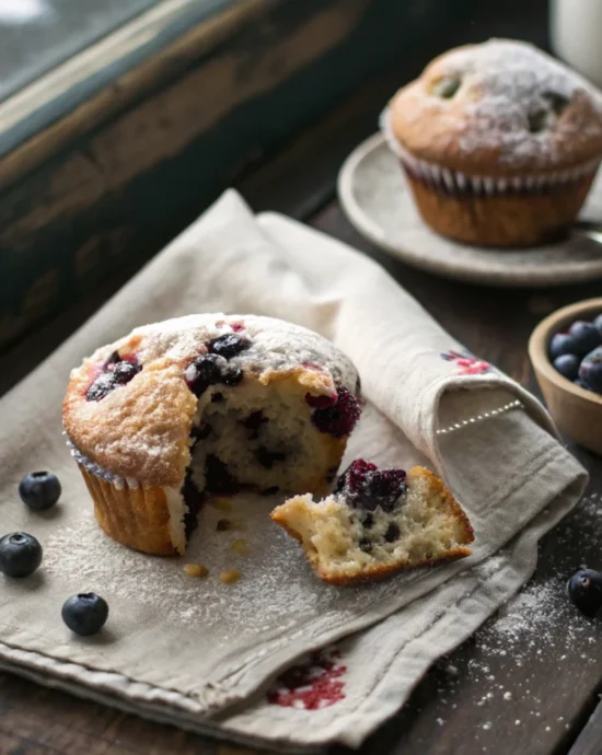 A stack of warm, perfect blueberry muffins from the ultimate moist blueberry muffin recipe on a rustic wood table.