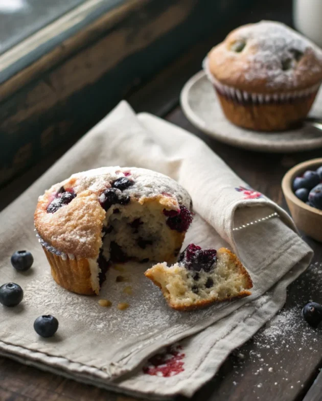 A stack of warm, perfect blueberry muffins from the ultimate moist blueberry muffin recipe on a rustic wood table.
