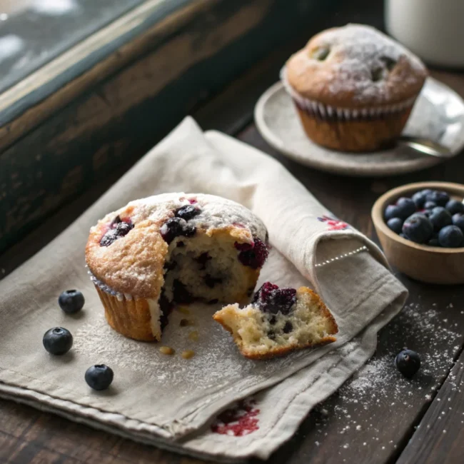 A stack of warm, perfect blueberry muffins from the ultimate moist blueberry muffin recipe on a rustic wood table.