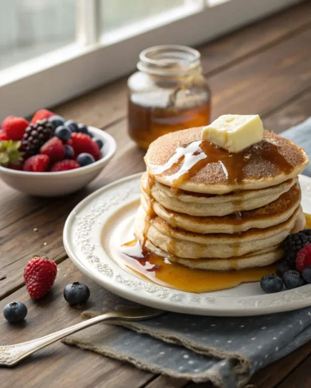 A tall, fluffy stack of golden-brown pancakes from a foolproof pancake recipe without eggs, drizzled with maple syrup.