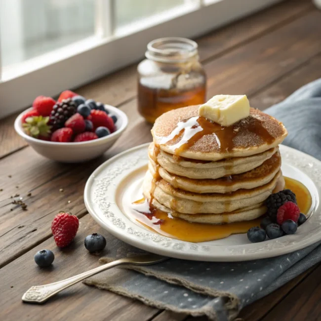 A tall, fluffy stack of golden-brown pancakes from a foolproof pancake recipe without eggs, drizzled with maple syrup.