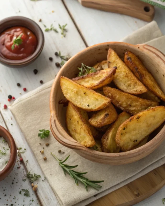 A rustic wooden bowl piled high with golden, crispy potato wedges, fresh herbs scattered on top.