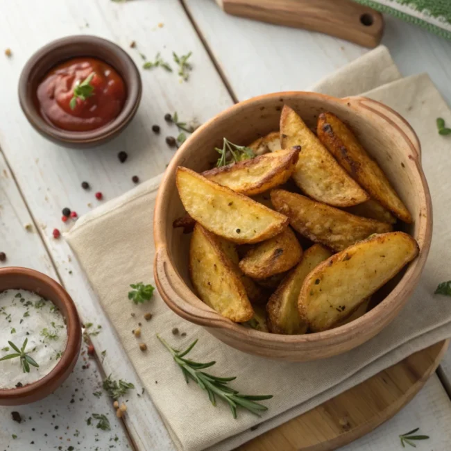 A rustic wooden bowl piled high with golden, crispy potato wedges, fresh herbs scattered on top.