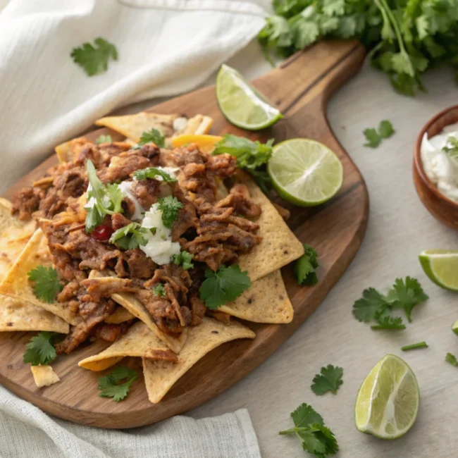 An overhead shot of the ultimate pulled pork nachos recipe, steaming hot and loaded with toppings.