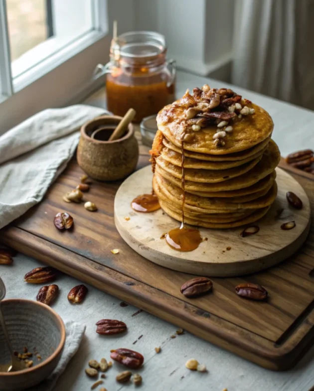 A stack of golden pumpkin pancakes drizzled with maple pecan butter, showcasing this delicious pumpkin pancake recipe.