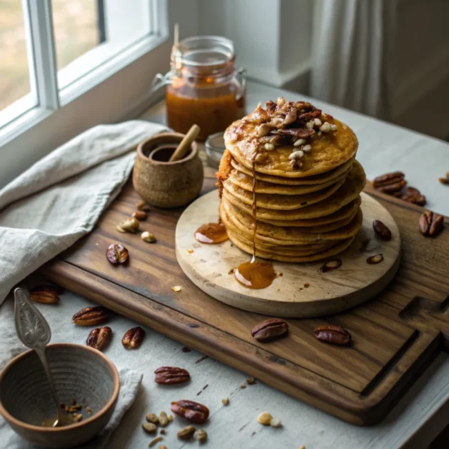 A stack of golden pumpkin pancakes drizzled with maple pecan butter, showcasing this delicious pumpkin pancake recipe.