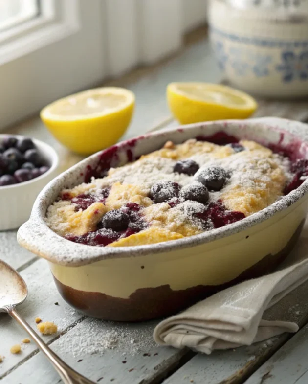 A warm, bubbly lemon-blueberry cobbler, showcasing one of the most comforting recipes with lemon cake mix.