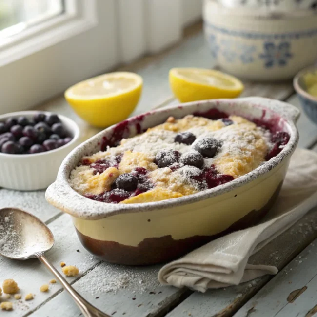 A warm, bubbly lemon-blueberry cobbler, showcasing one of the most comforting recipes with lemon cake mix.