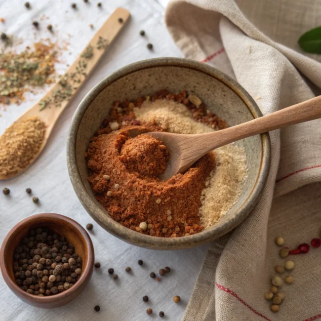 A close-up view of the perfect seasoning for pork tenderloin in a rustic wooden bowl, ready to transform your meal.