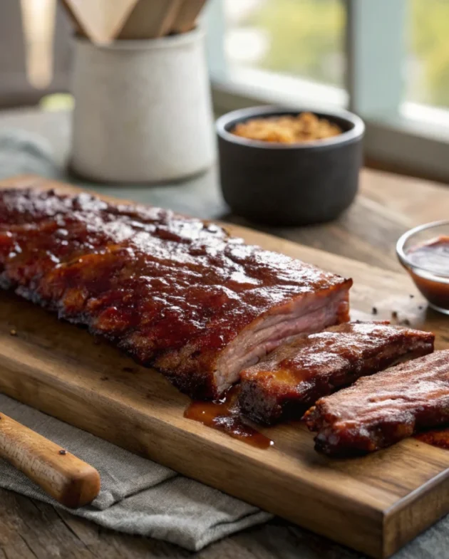 A beautifully smoked rack of pork ribs resting on a wooden cutting board, showcasing the perfect bark from this smoked ribs recipe.