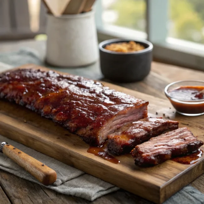 A beautifully smoked rack of pork ribs resting on a wooden cutting board, showcasing the perfect bark from this smoked ribs recipe.