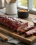 A beautifully smoked rack of pork ribs resting on a wooden cutting board, showcasing the perfect bark from this smoked ribs recipe.