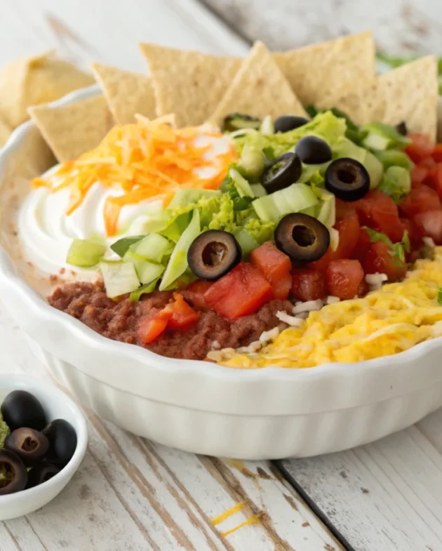 A creamy, colorful taco dip in a rustic stoneware bowl, surrounded by tortilla chips.