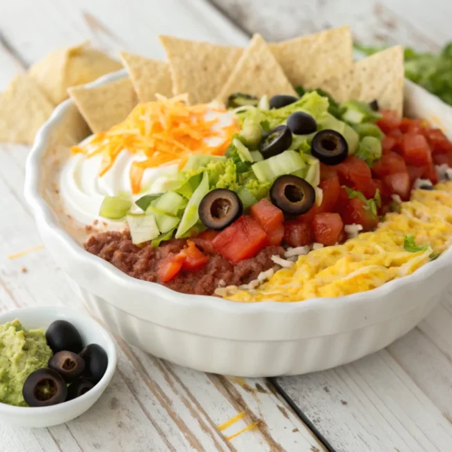 A creamy, colorful taco dip in a rustic stoneware bowl, surrounded by tortilla chips.