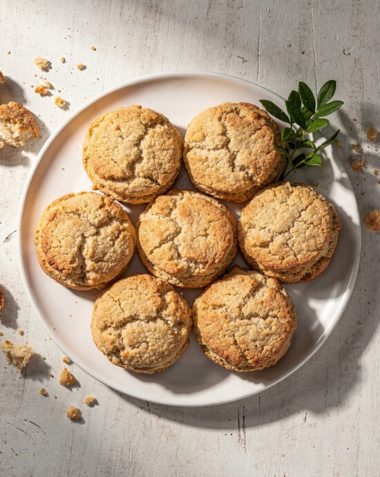 A rustic stack of golden-brown 3 ingredient almond flour biscuits on a wooden board, ready to be served.