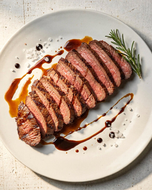 A close-up shot of grilled flank steak marinated in a balsamic vinegar flank steak marinade, glistening with flavor.