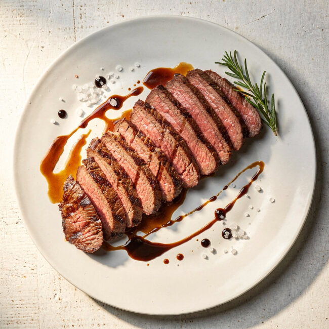 A close-up shot of grilled flank steak marinated in a balsamic vinegar flank steak marinade, glistening with flavor.