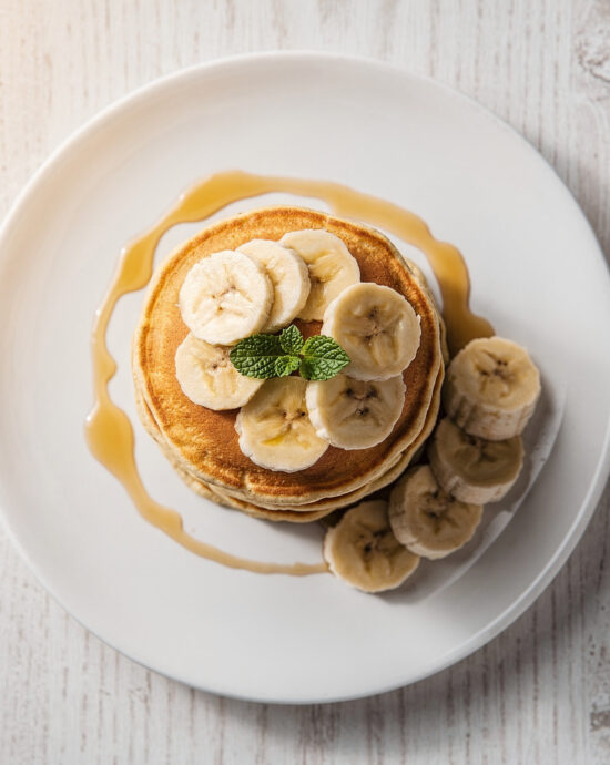 A tall stack of golden brown banana pancakes dripping with syrup, ready for a cozy breakfast.