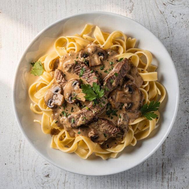 A top-down view of the finished beef stroganoff recipe, showcasing creamy sauce, tender beef, and herbs over egg noodles.