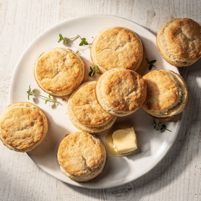 A golden-brown batch of warm buttermilk biscuits, made using the classic bisquick biscuits recipe on box, sits on a rustic wood table.