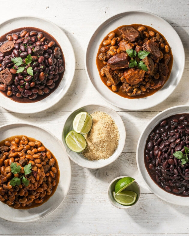A top-down view of creamy Brazilian bean recipes in a rustic bowl, garnished with fresh cilantro and lime.