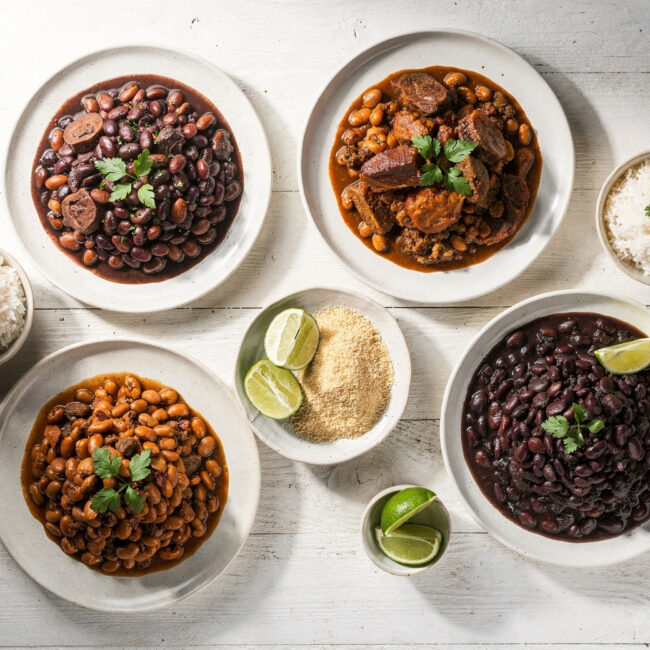 A top-down view of creamy Brazilian bean recipes in a rustic bowl, garnished with fresh cilantro and lime.