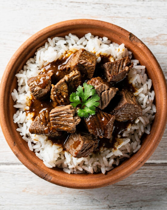 A rustic bowl of deeply flavorful brazilian beef stew, garnished with fresh cilantro, served over rice.