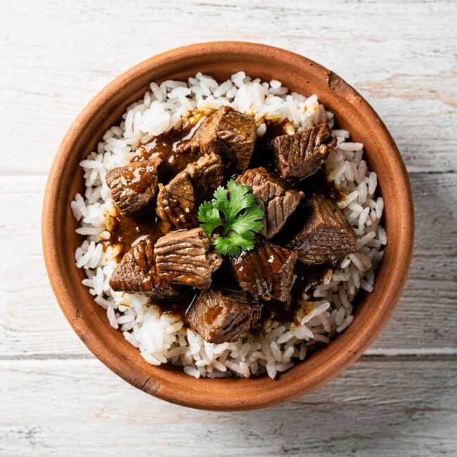 A rustic bowl of deeply flavorful brazilian beef stew, garnished with fresh cilantro, served over rice.