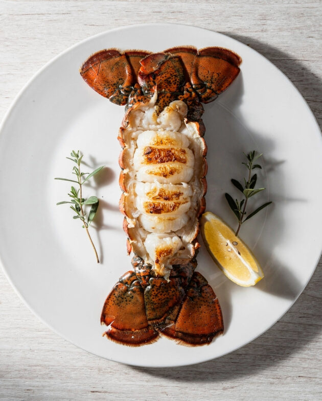 A perfectly grilled Brazilian lobster tail with creamy herb butter sauce on a wooden board.
