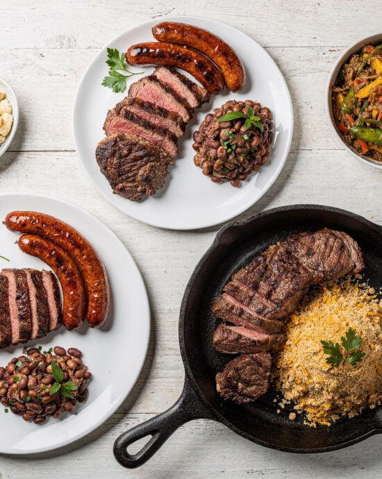 A close-up shot of perfectly grilled meat marinated using classic brazilian meat recipes, resting on a wooden board.