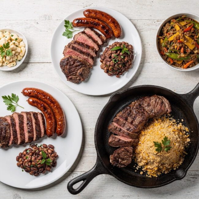 A close-up shot of perfectly grilled meat marinated using classic brazilian meat recipes, resting on a wooden board.