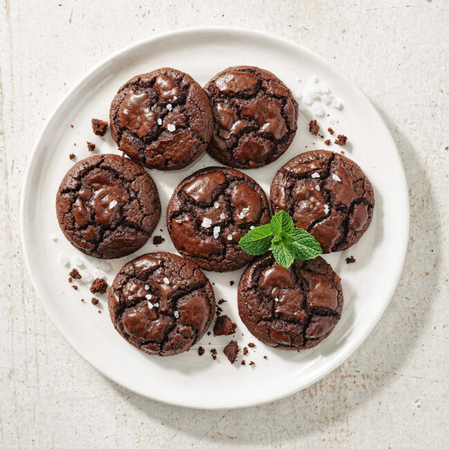 A stack of perfect brownie cookies with crackly tops and gooey centers, ready to be devoured.