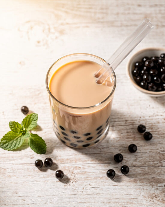 A beautifully styled glass of homemade bubble tea recipe featuring black tapioca pearls and creamy milk tea.