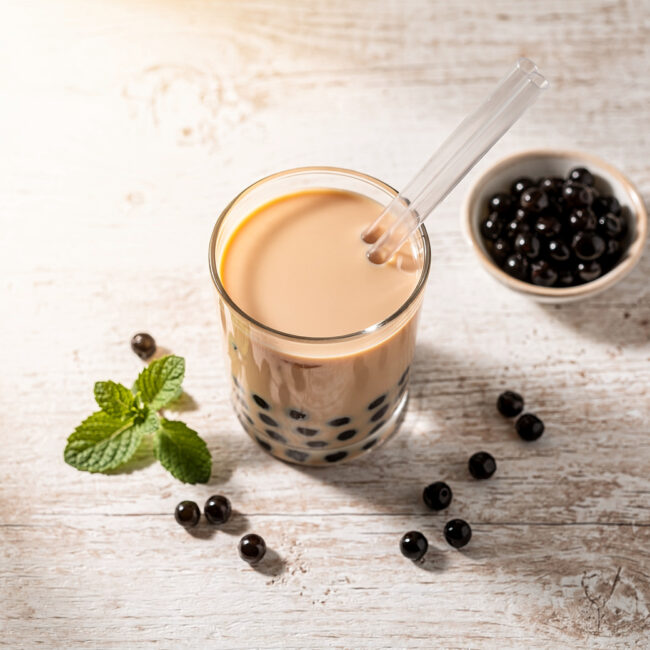 A beautifully styled glass of homemade bubble tea recipe featuring black tapioca pearls and creamy milk tea.