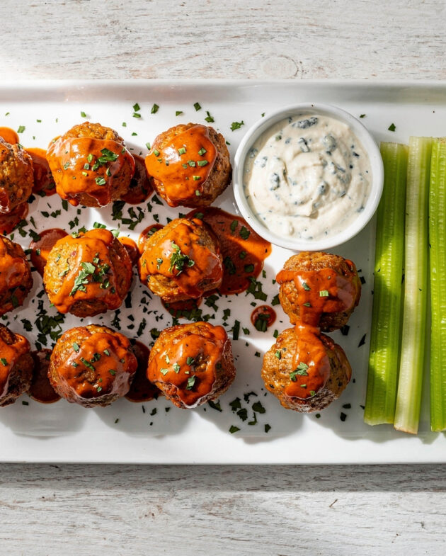 A glossy, inviting platter of golden-brown buffalo meatballs drizzled with sauce, ready for dipping.