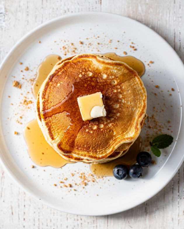 A golden stack of perfect buttermilk pancakes from our favorite buttermilk pancake recipe, dripping with maple syrup.